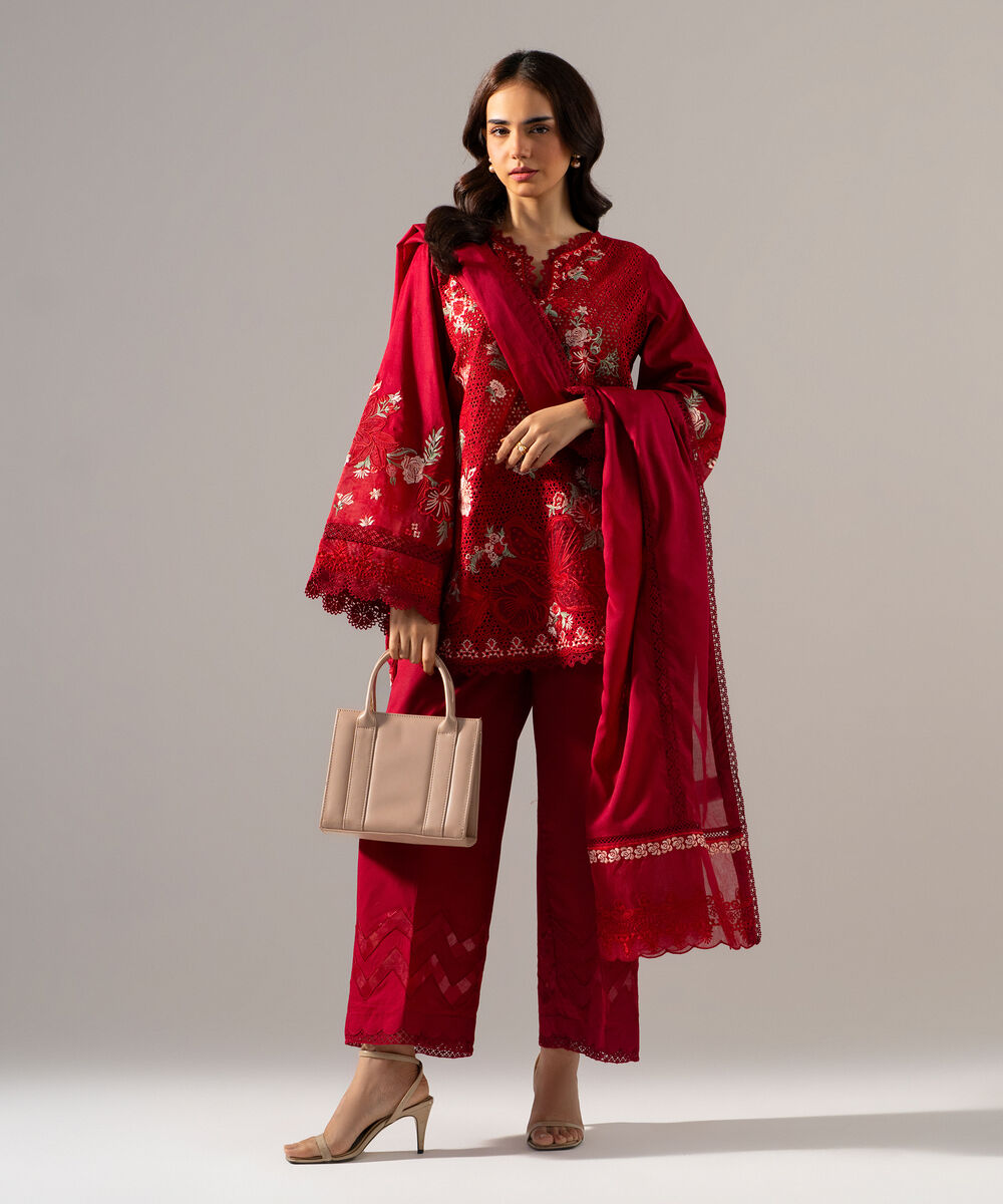 Women's RTW Self Jacquard Solid Embroidered Maroon 3 Piece Suit