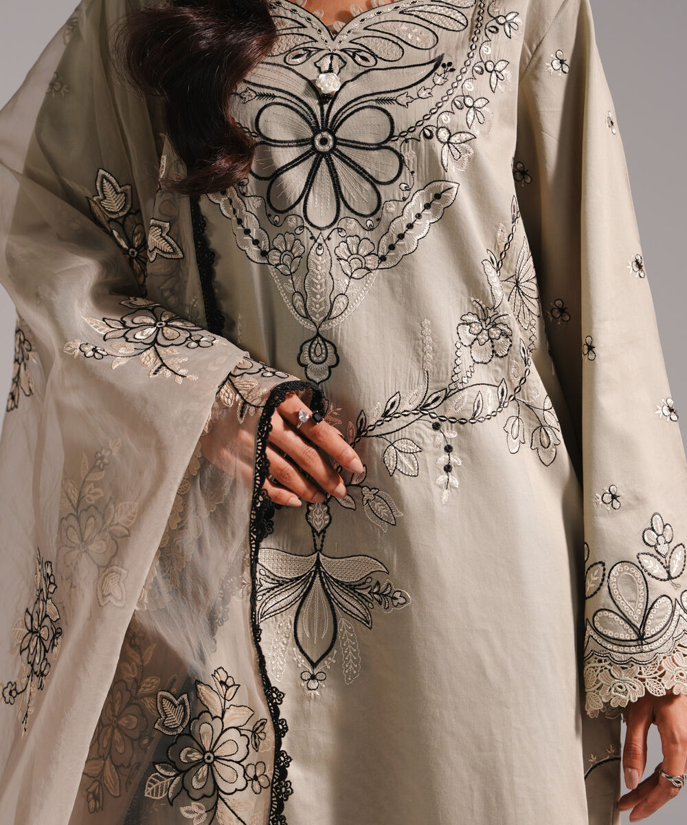 Women's RTW Cotton Satin Embroidered Grey 3 Piece Suit