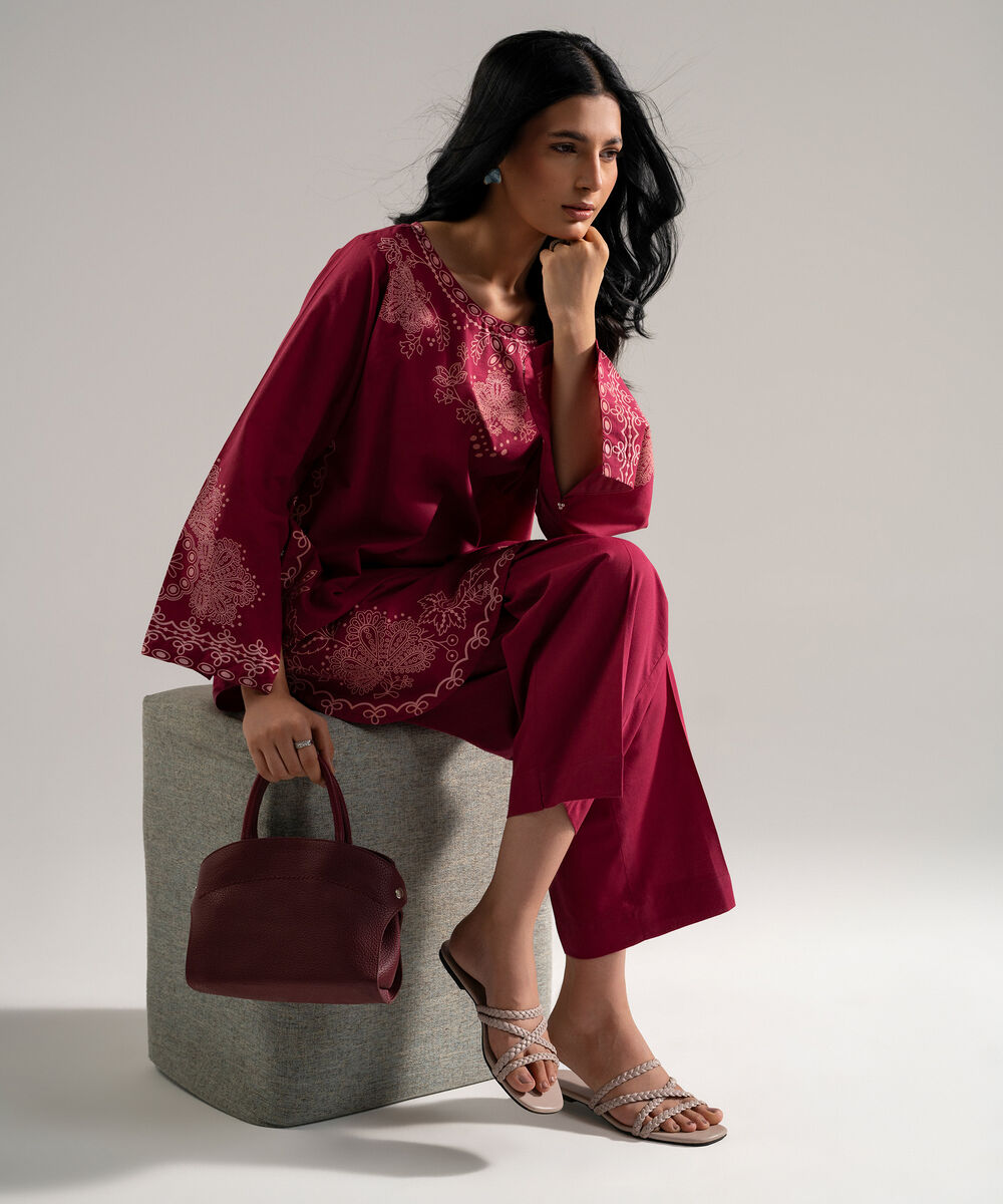 Women's RTW Slub Lawn Printed Pink 2 Piece Suit
