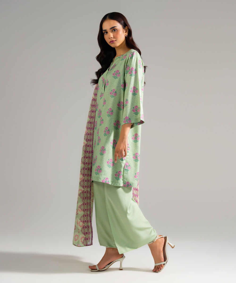 Women's RTW Arabic Lawn Printed Green 3 Piece Suit