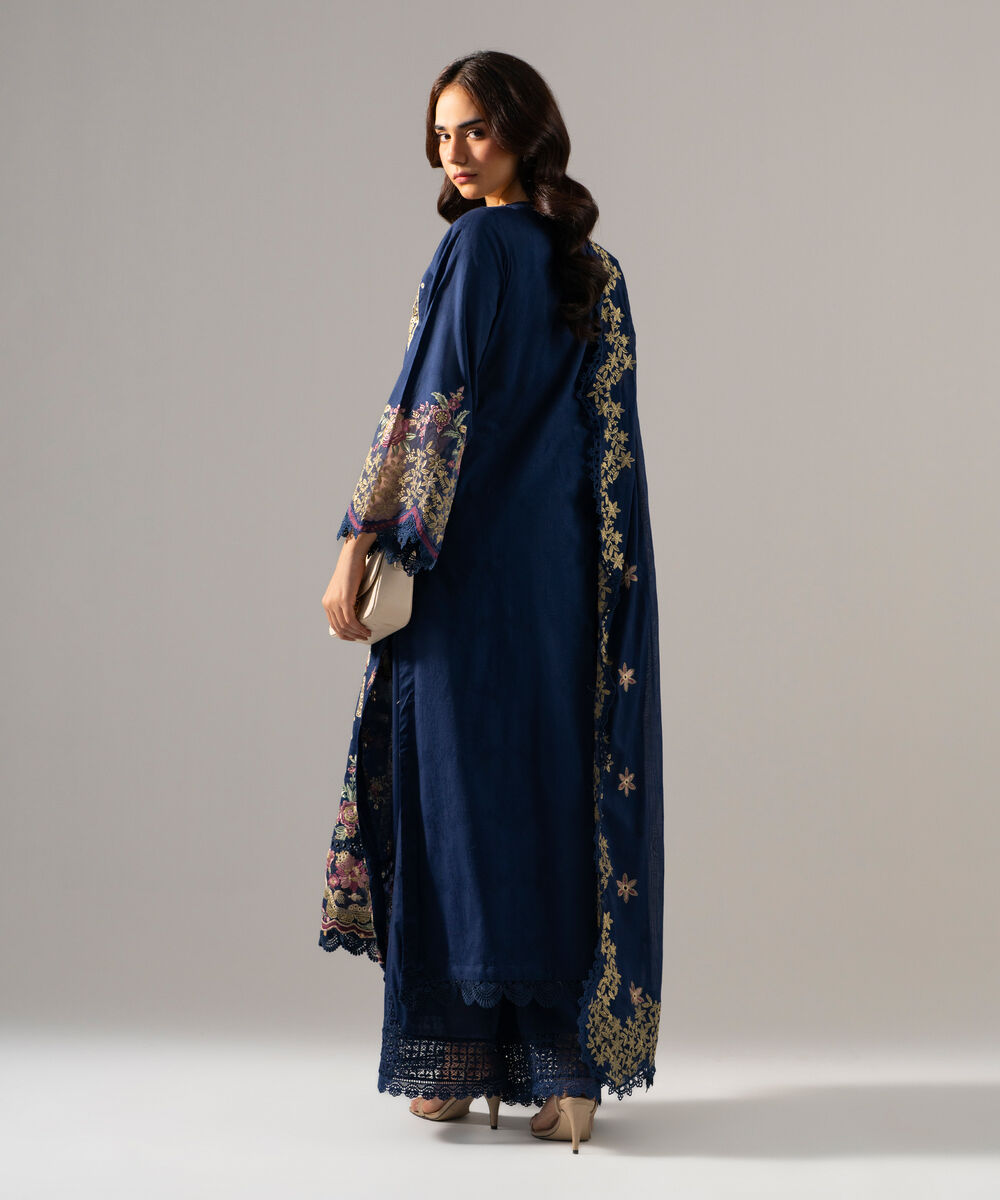 Women's RTW Self Jacquard Solid Embroidered Dark Blue 3 Piece Suit