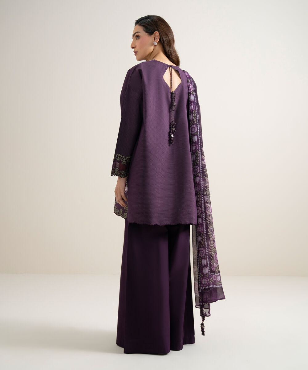 Women's Unstitched Zari Lawn Embroidered Purple 3 Piece Suit