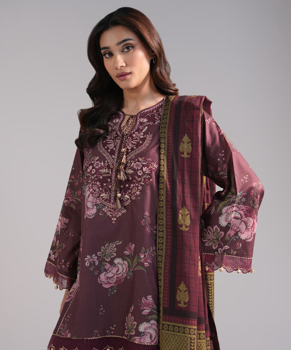Women's RTW Zari Lawn Embroidered Plum 3 Piece Suit