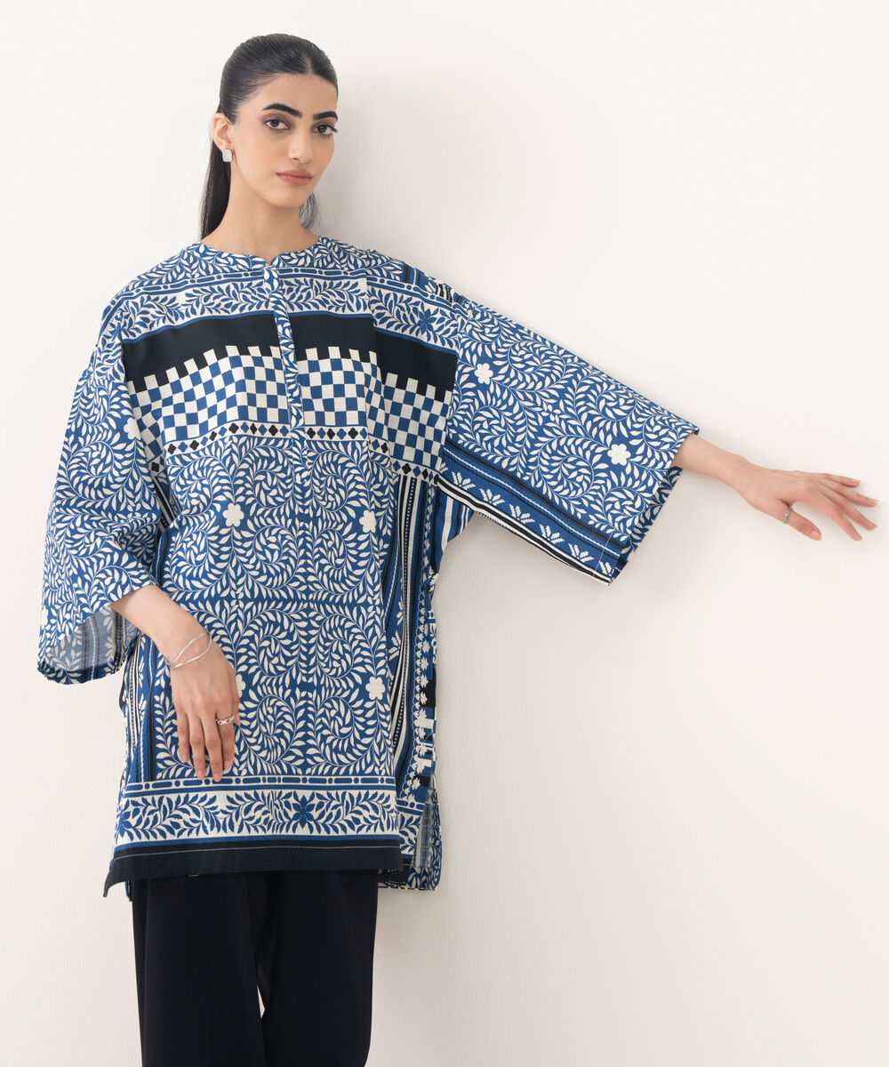 Women's RTW Cotton Viscose Blue Printed Drop Shoulder Shirt