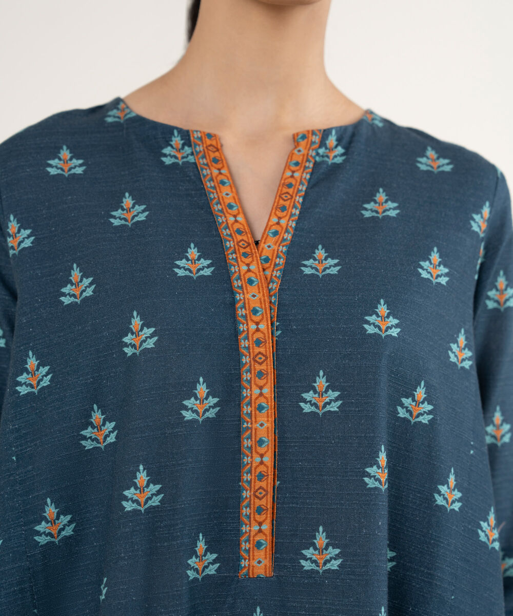 Women's Unstitched Printed Khaddar Midnight Blue & Orange 3 Piece Suit