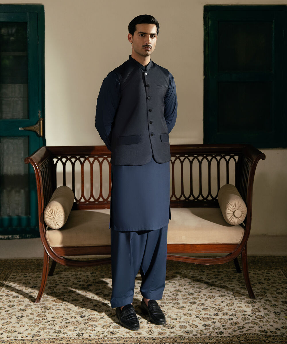 Men's Stitched Tropical Suiting Blue Waistcoat