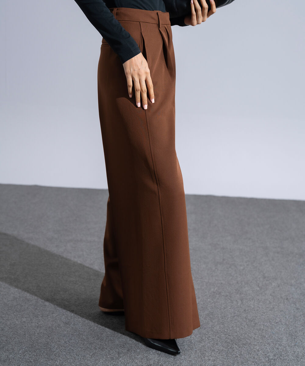 Women's Western Wear Brown Polyester Pleated Wide Leg Trousers