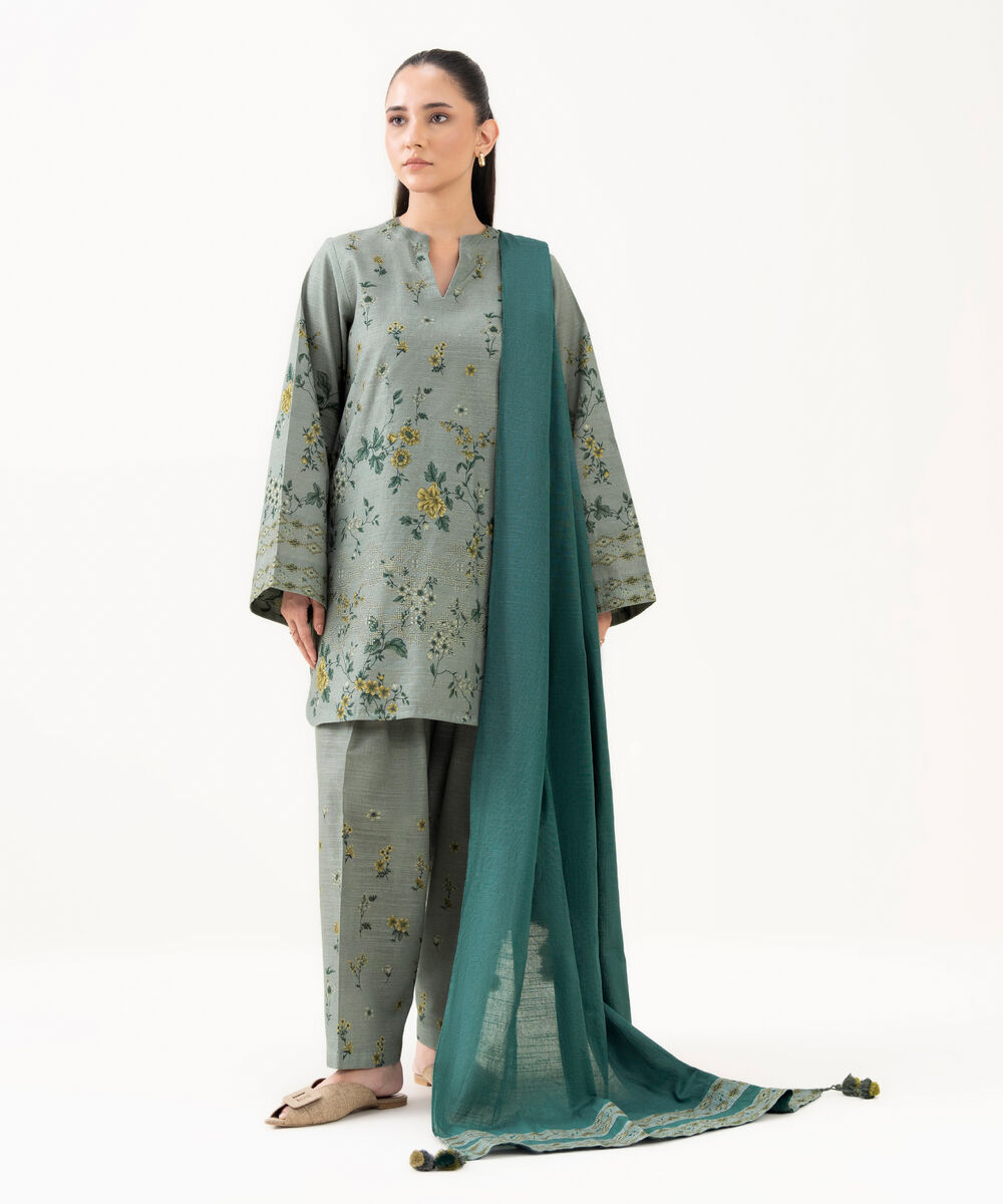 Women's Unstitched Khaddar Printed Grey 3 Piece Suit