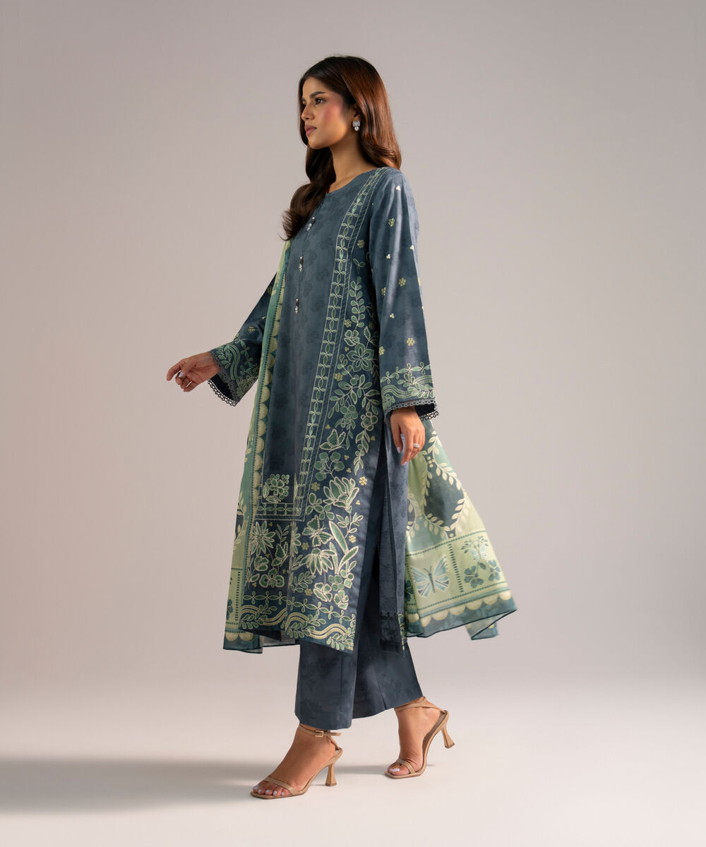 Women's RTW Self Jacquard Embroidered Steel Blue 3 Piece Suit