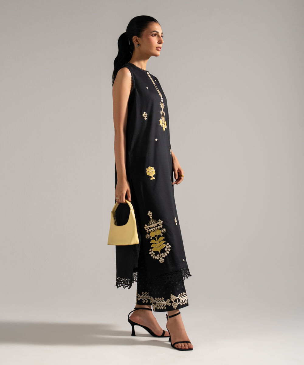 Women's RTW Dobby Embroidered Black 2 Piece Suit