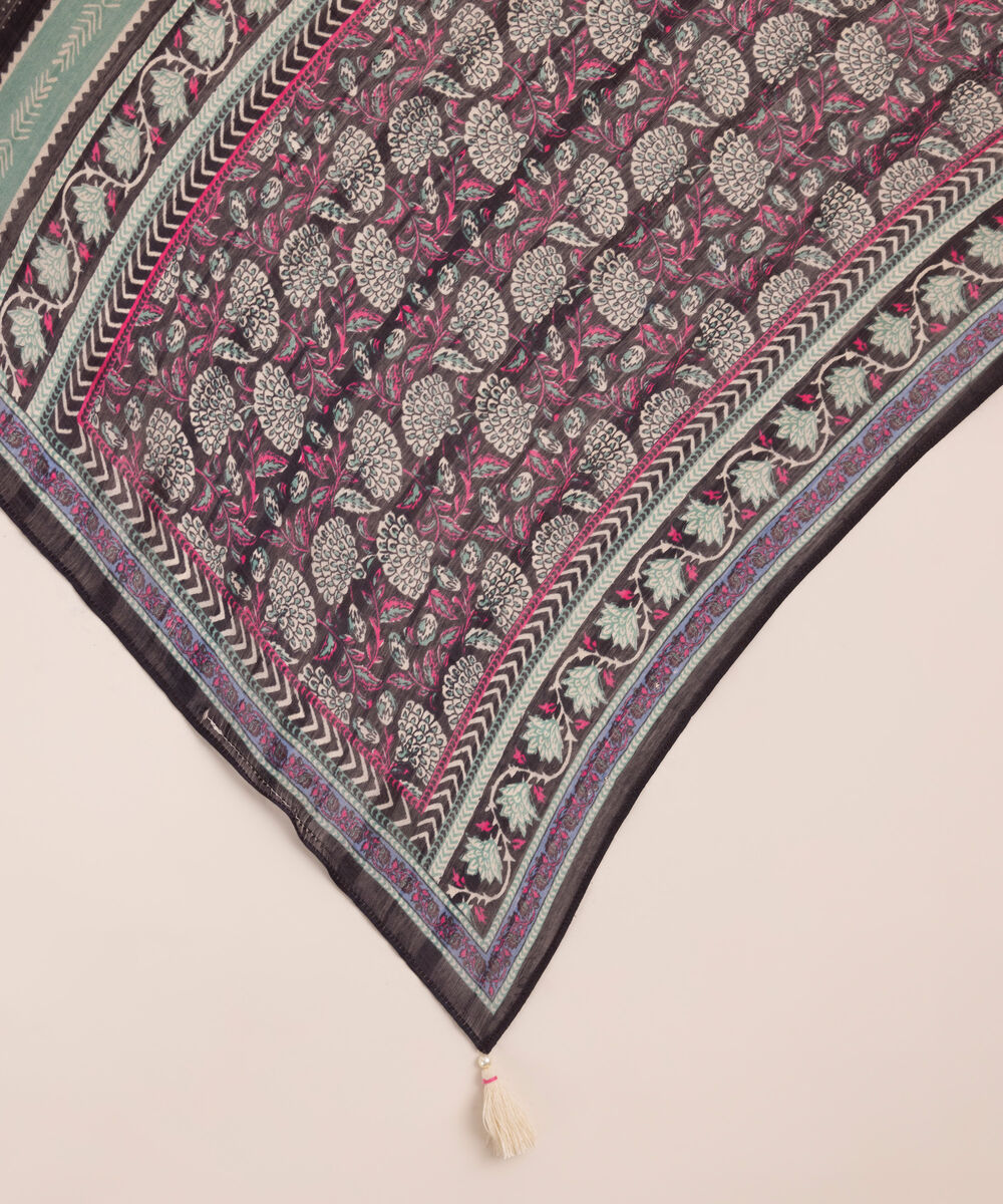Tussar Silk Black Printed Dupatta