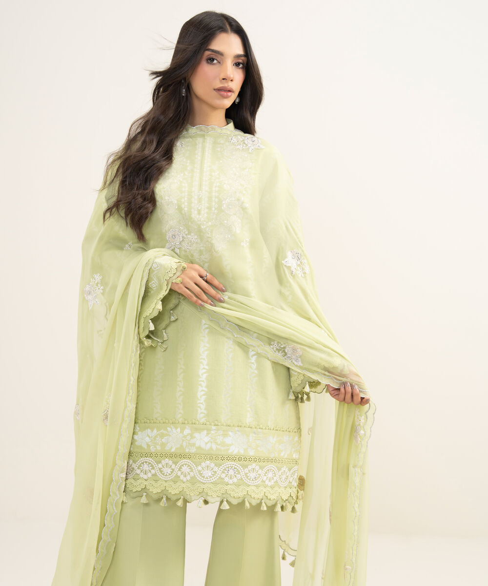 Women's Unstitched Extra Weft Jacquard Embroidered Green 3 Piece Suit