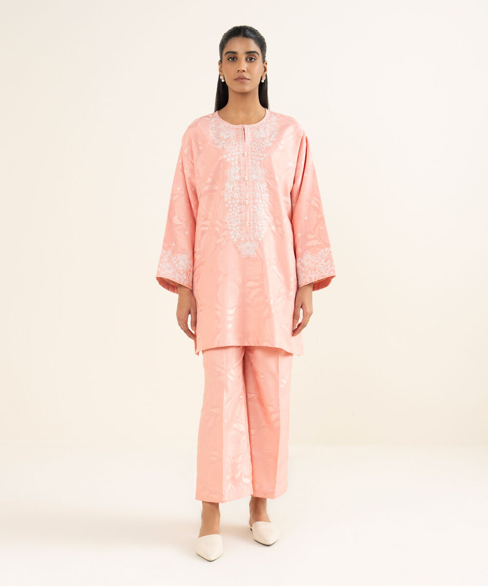 Women's RTW Jacquard Embroidered Pink A-Line Shirt