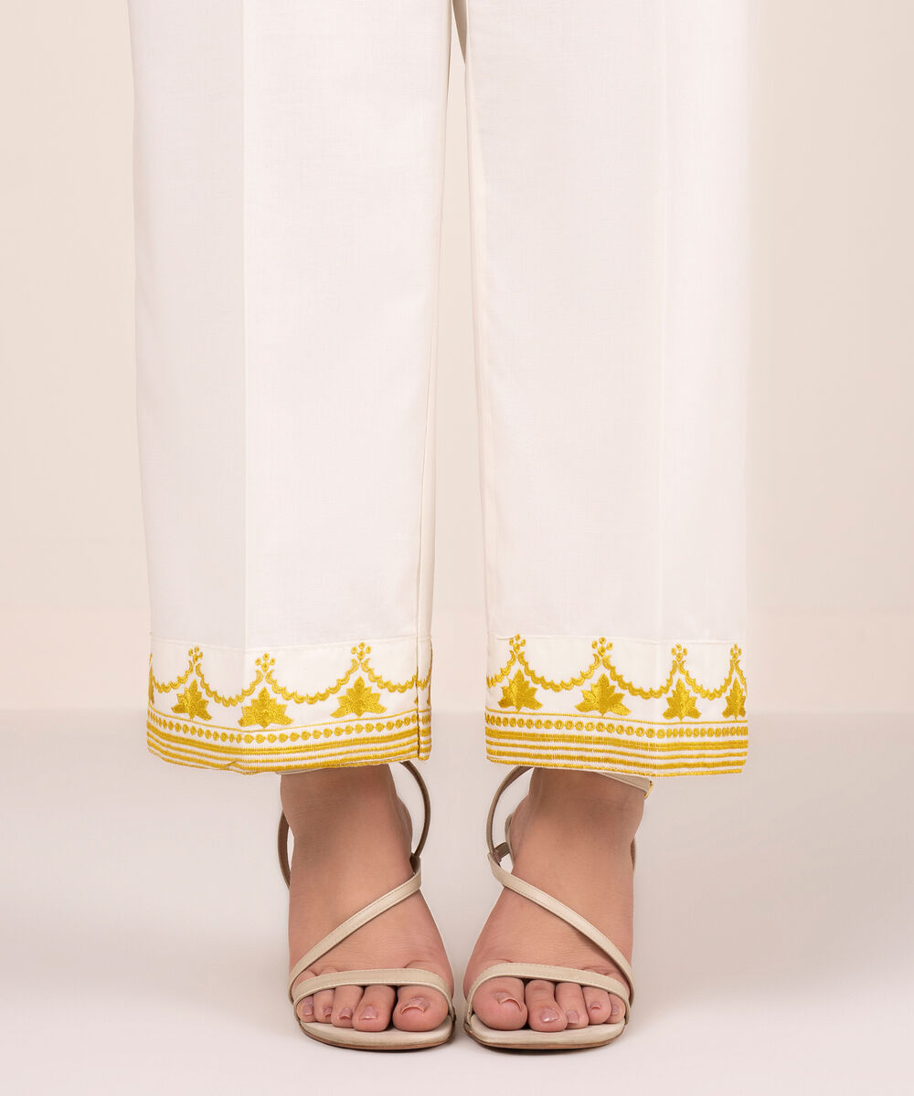Women's RTW Cambric Embroidered White Straight Pants