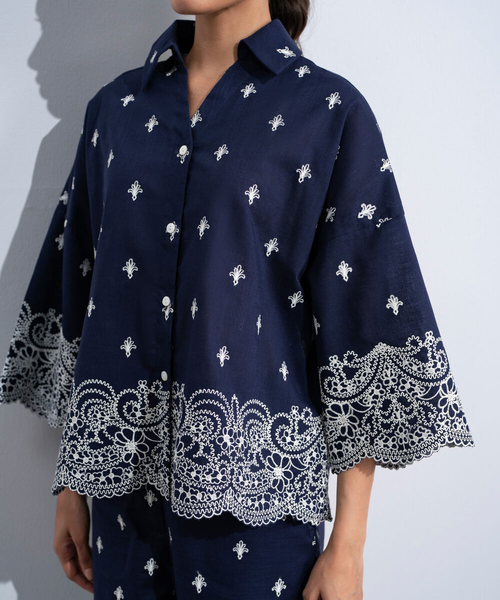Women's Western Navy Embroidered V-Neck Top