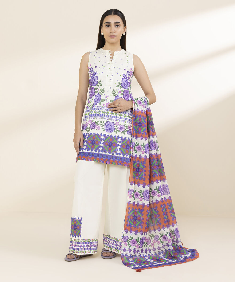 Unstitched Women's Off White Lawn 3 Piece Suit