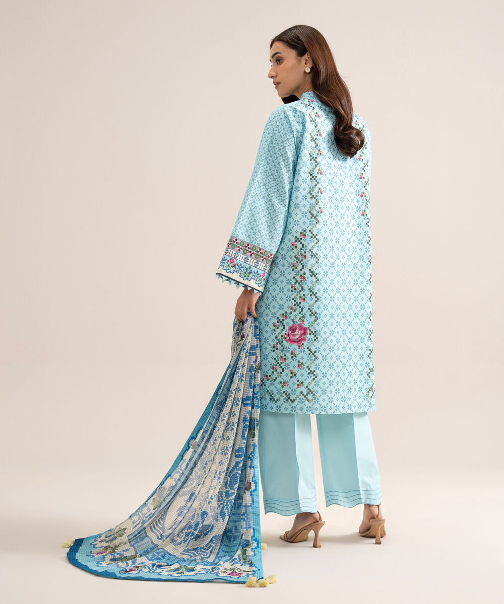 Women's Unstitched Zari Cotton Embroidered Sky Blue  3 Piece Suit