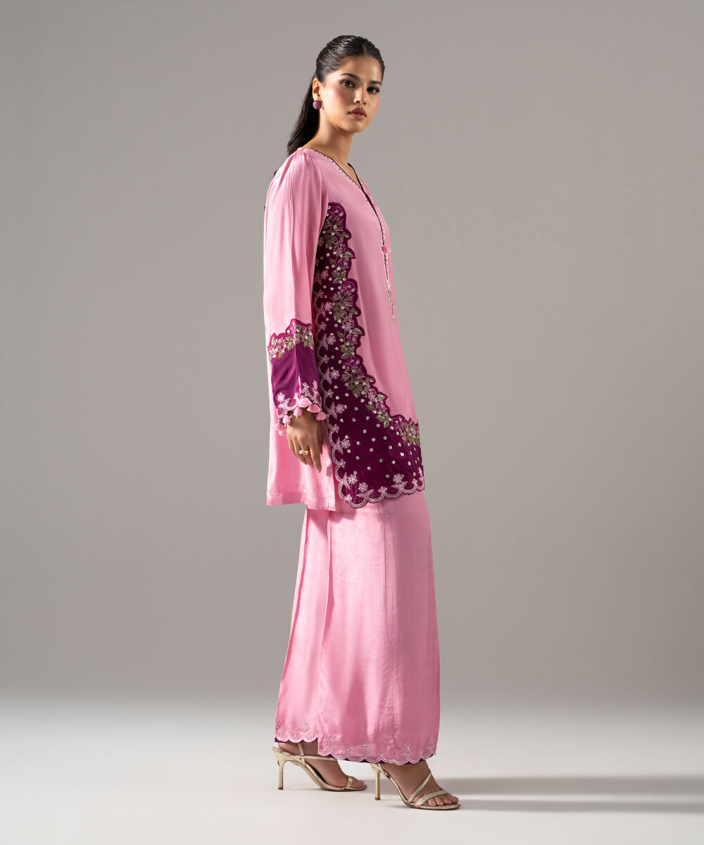 Women's RTW Thai Silk Solid Embroidered Pink 2 Piece Suit