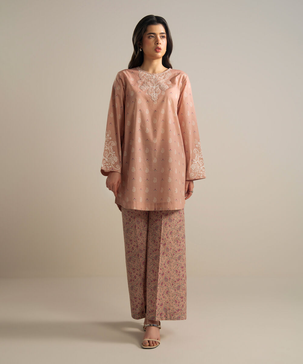 Women's RTW Slub Lawn Embroidered Pink Straight Shirt