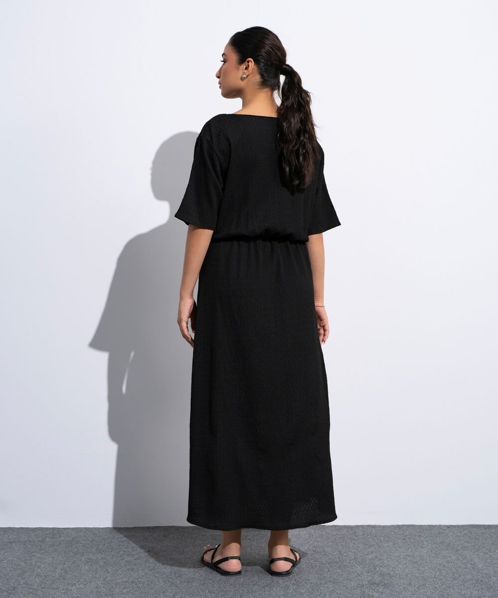 Women's Black Midi Dress In Textured Fabric