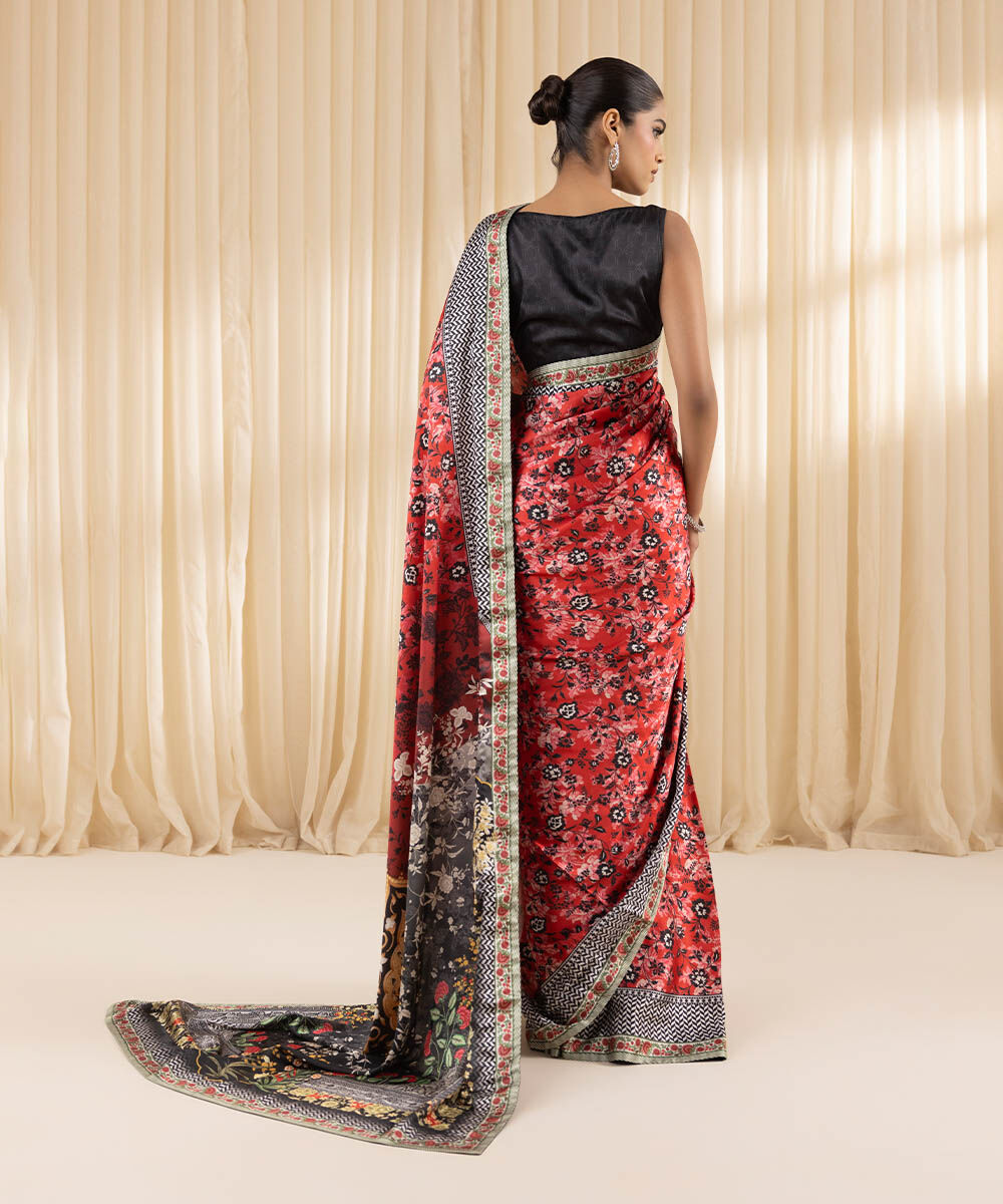 Women's Embroidered Blended Satin Red Saree