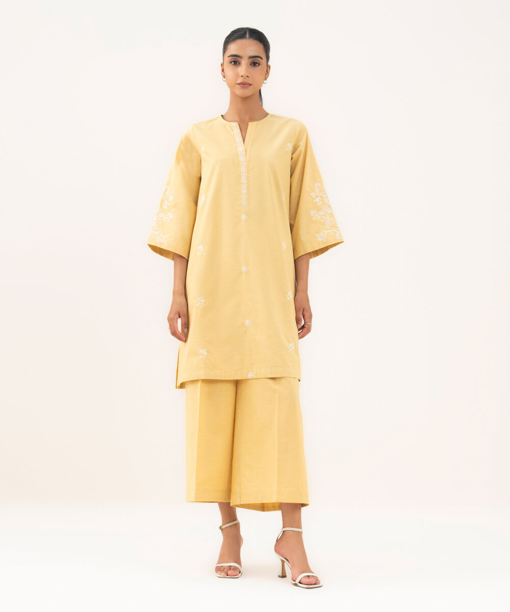 Women's RTW Textured Cotton Yellow Embroidered A-Line Shirt