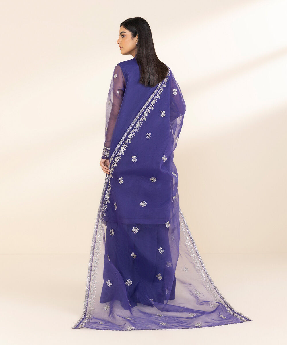 Women's Unstitched Blue Blended Organza, Organza 3 Piece Suit