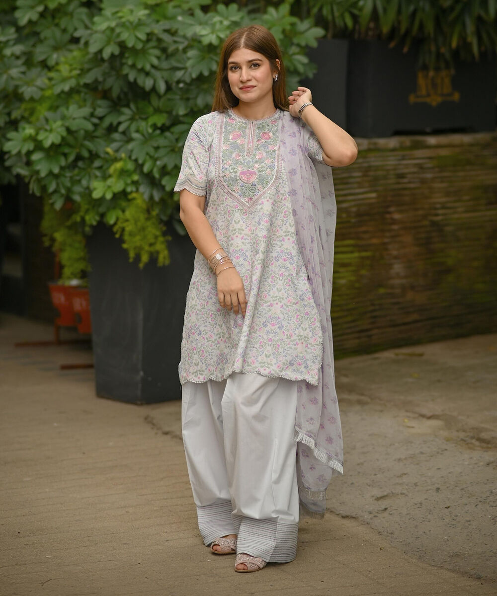 Women's Unstitched Cotton Embroidered Grey Three Piece Suit
