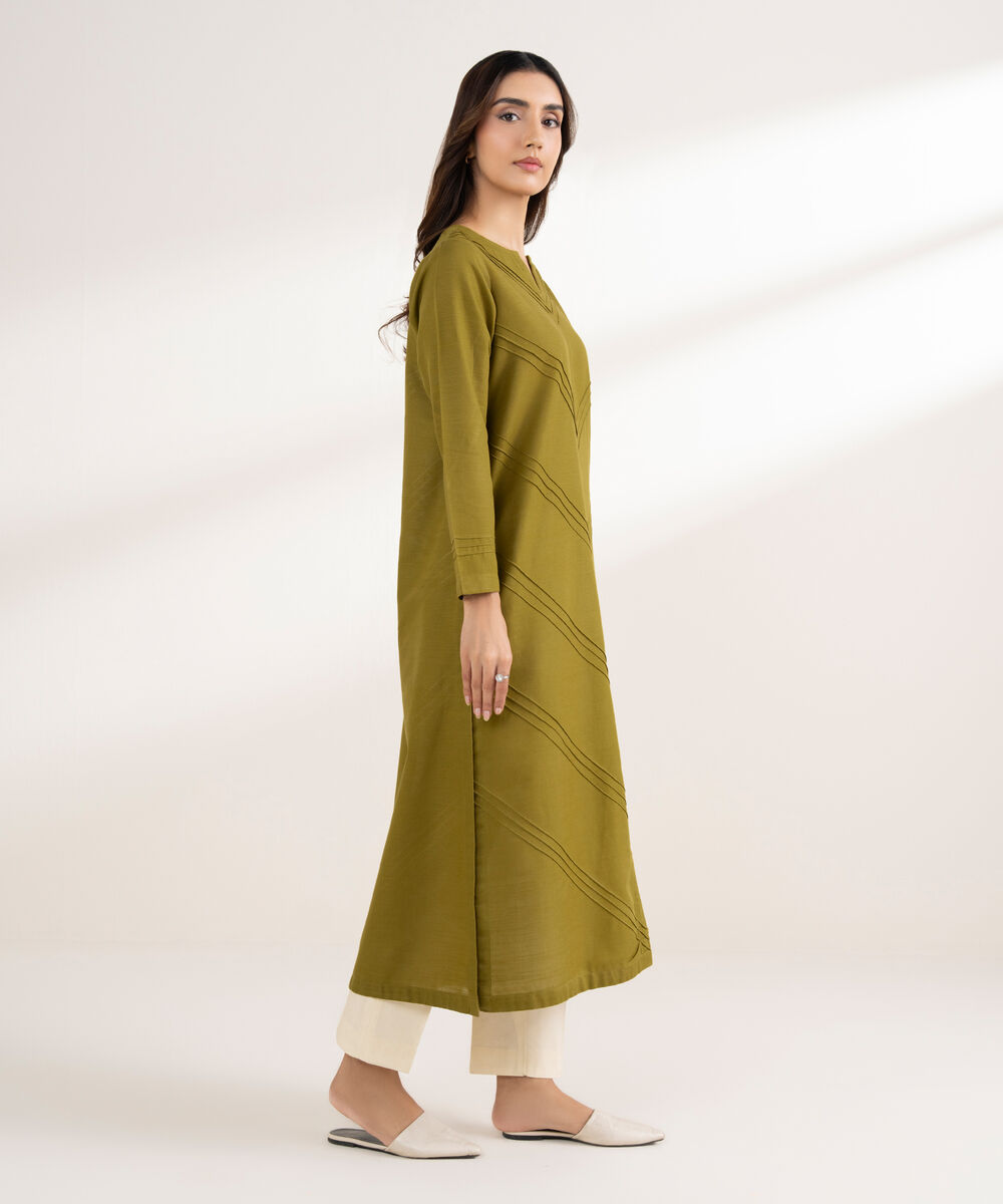 Women's RTW Khaddar Solid Straight Green Shirt