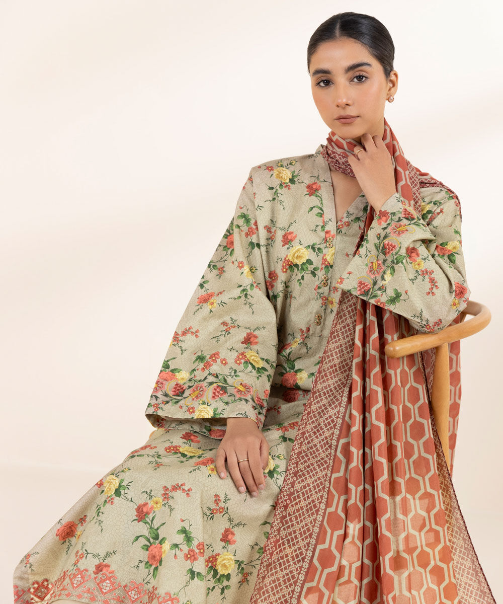 Womens Unstitched Embroidered Beige Two Piece Lawn Suit