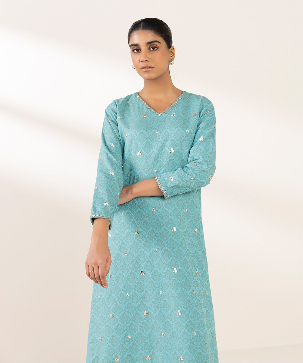 Woman - Blue Embroidered Cotton Jacquard Shirt