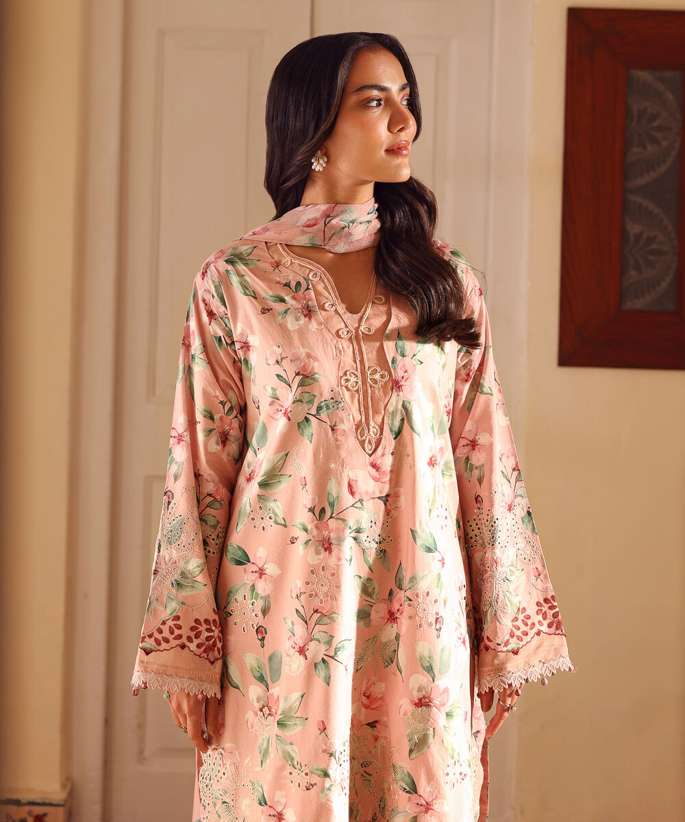 Women's Unstitched Lawn Embroidered Pink 3 Piece Suit
