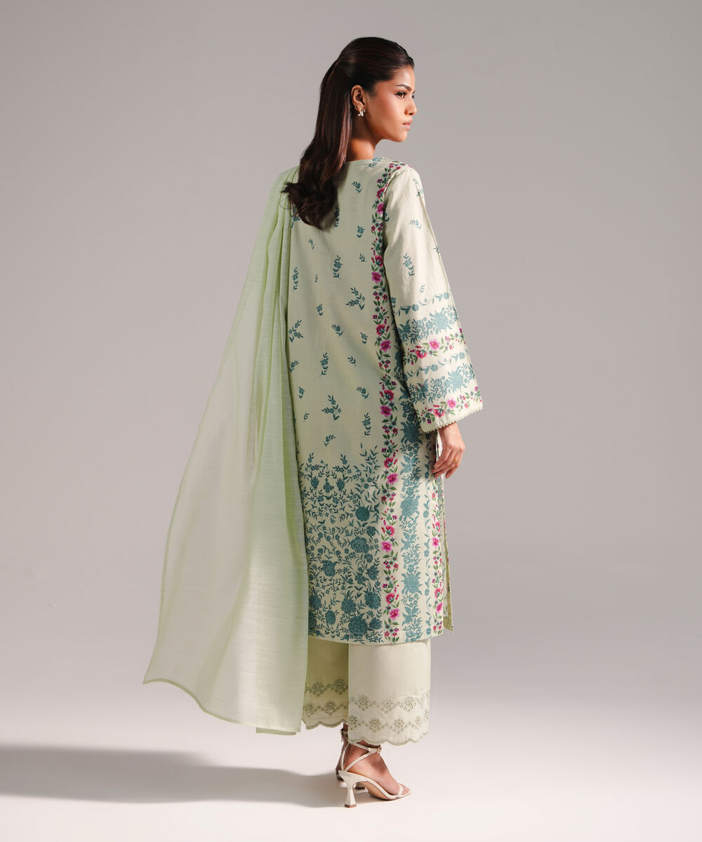 Women's RTW Dobby Printed Green 3 Piece Suit