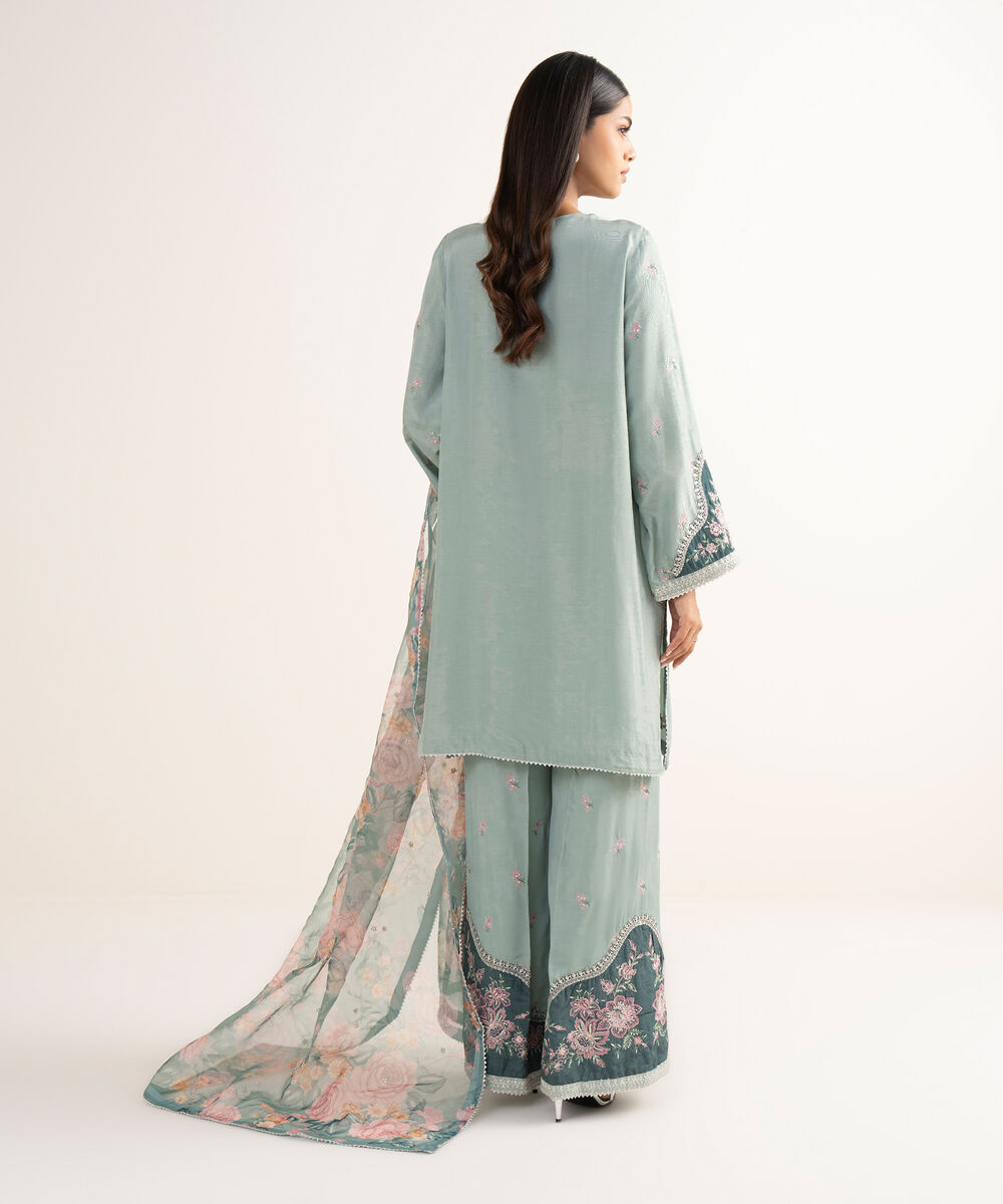 Women's RTW Raw Silk Green Embroidered 3 Piece Suit