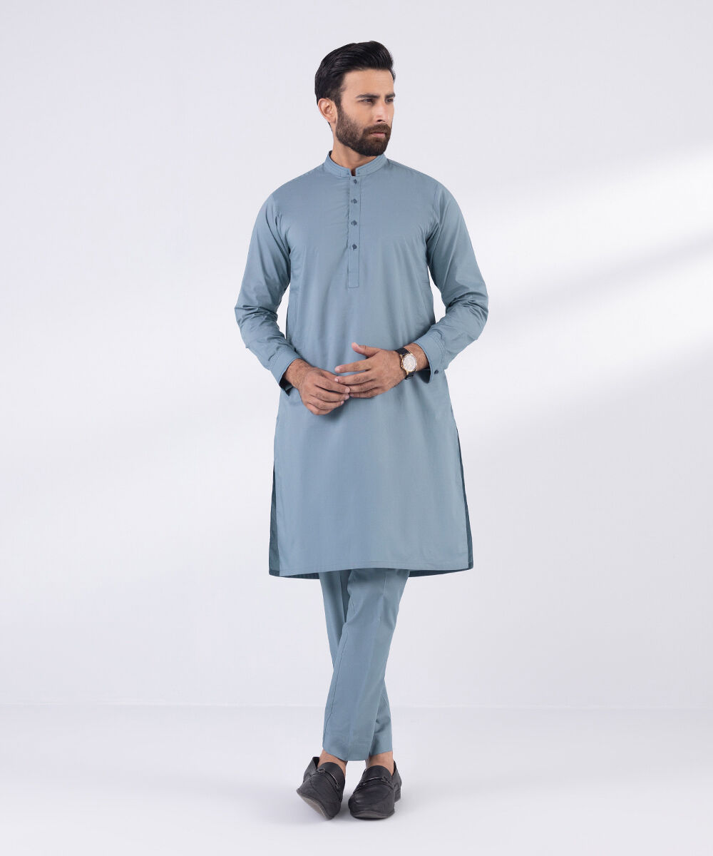 Men's 100% Cotton Stitched Plain Blue Stitched Suit