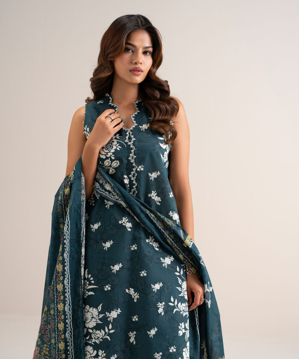 Women's Unstitched Printed Lawn Teal Green 3 Piece Suit