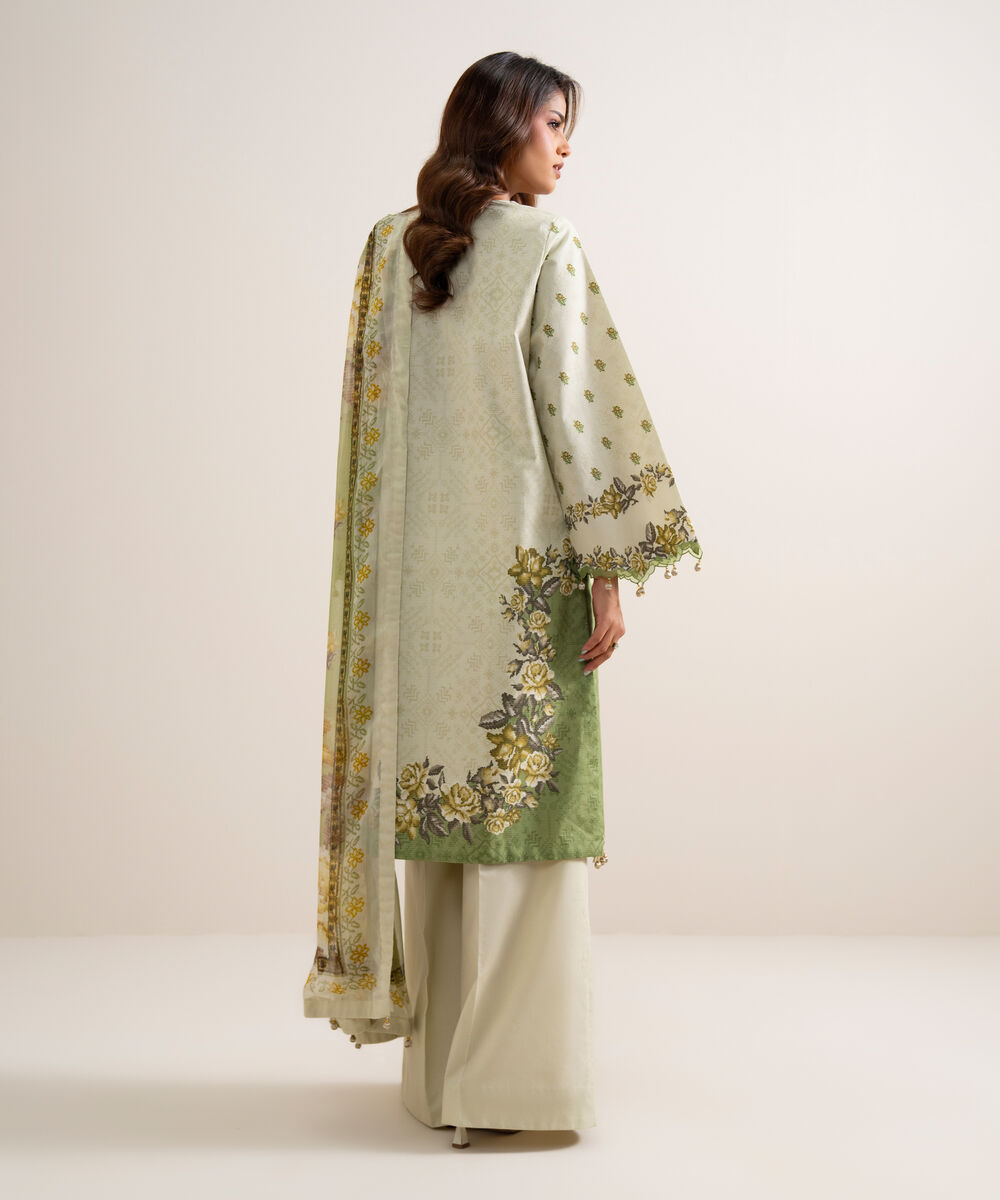 Women's Unstitched Zari Cotton Embroidered Off White  3 Piece Suit