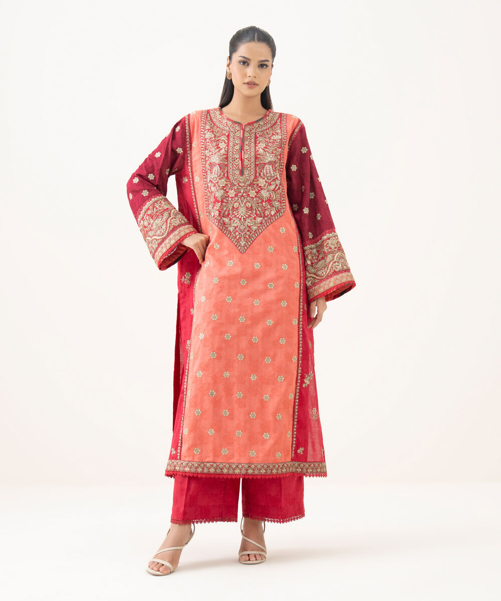 Women's RTW Cotton Jacquard Red Embroidered A-Line Shirt