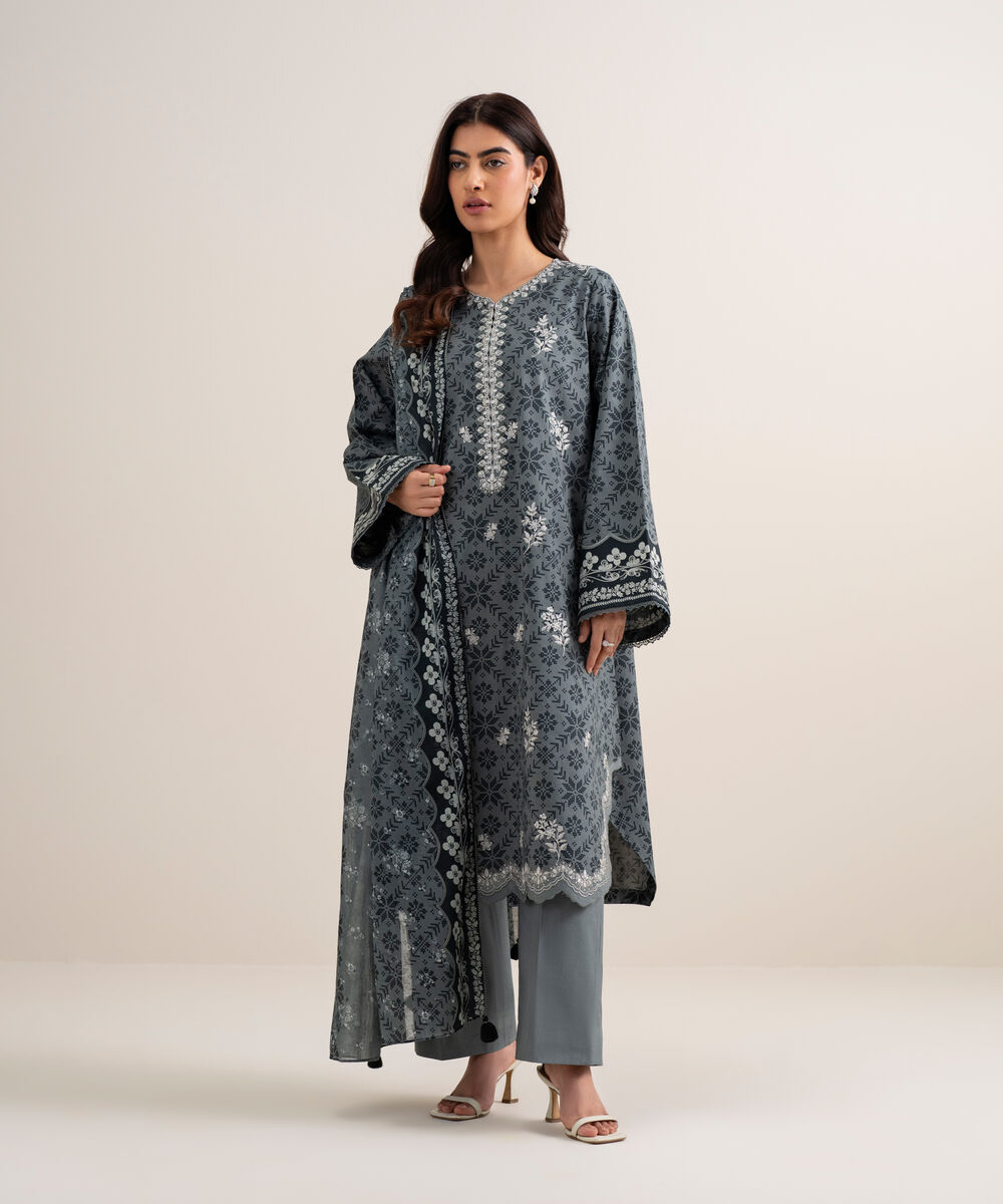 Women's Unstitched Lawn Embroidered Grey 3 Piece Suit