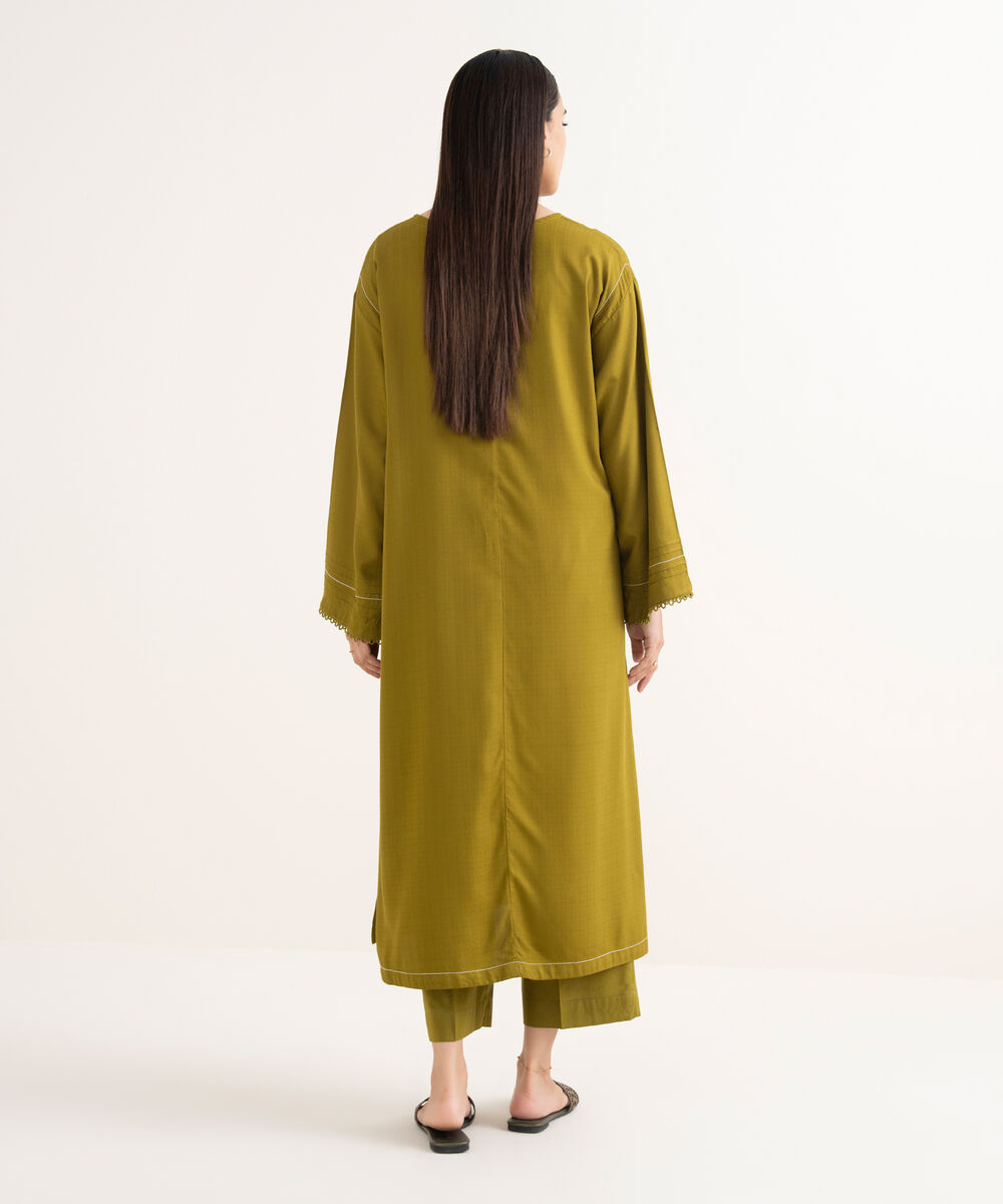 Women's RTW Textured Arabic Green Solid Drop Shoulder Shirt