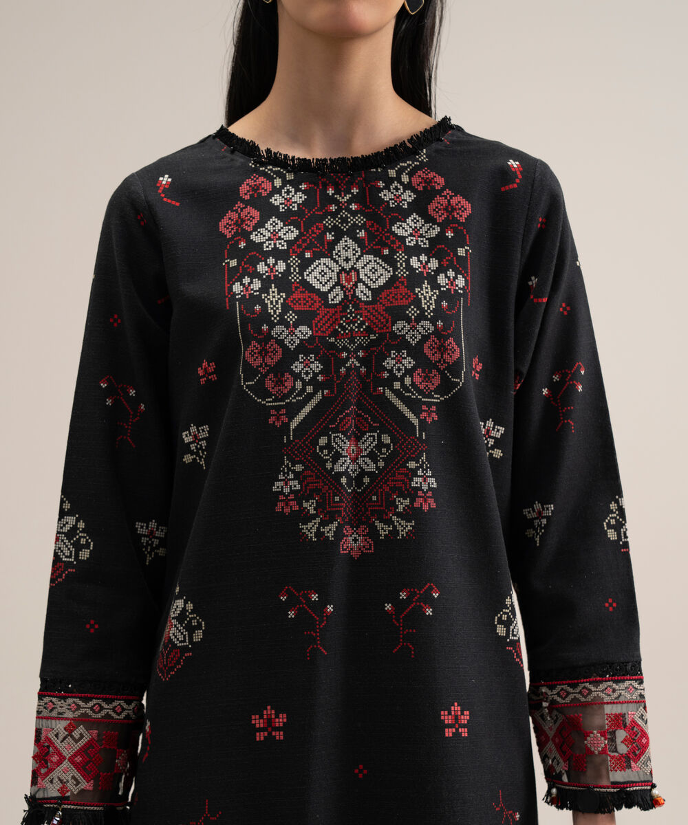 Women's Unstitched Cotton Printed Black 3 Piece Suit