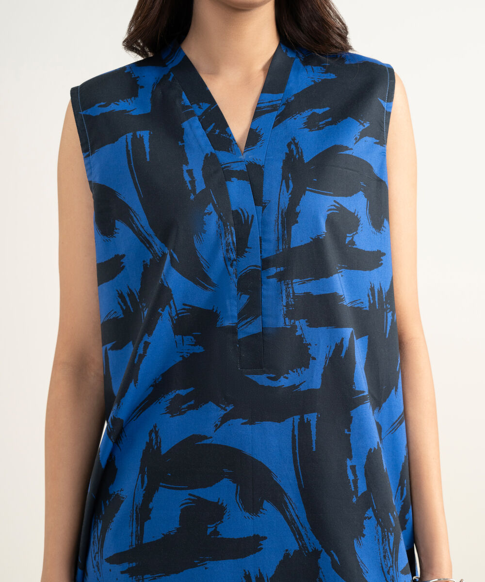 Women's RTW Cambric Printed Blue 3 Piece Suit