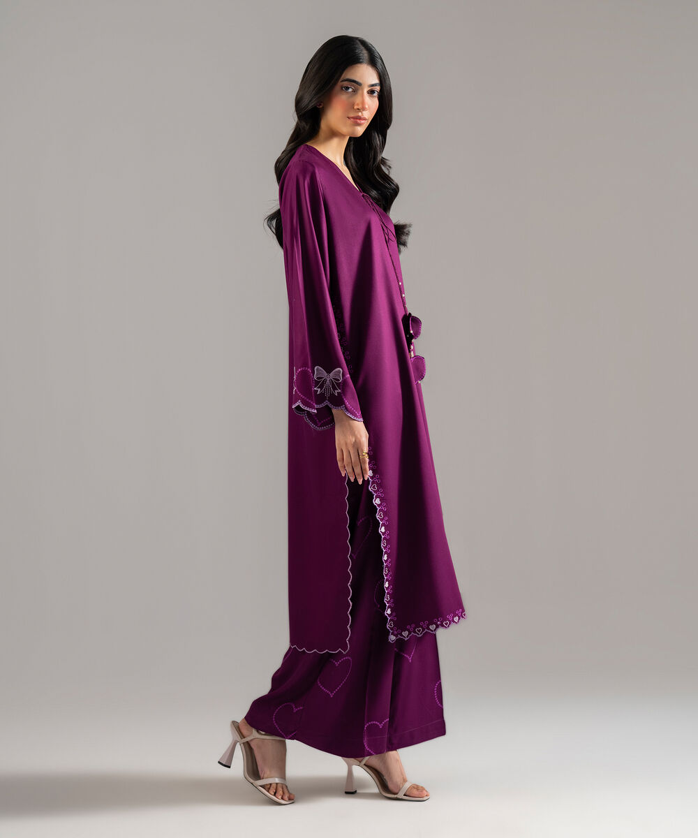 Women's RTW Bedford Solid Embroidered Purple Straight Shirt