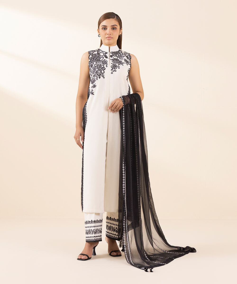Women's Unstitched Cotton Jacquard Embroidered Off White 3 Piece Suit