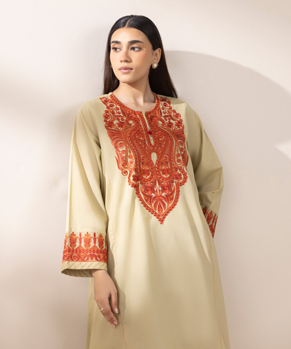 Women's RTW Textured Lawn Yellow Embroidered A-Line Shirt