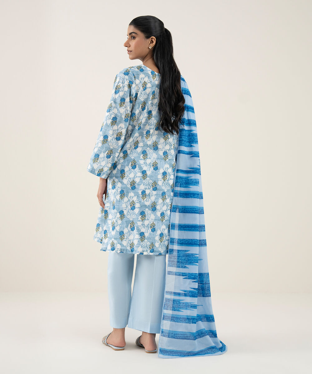 Women's Unstitched Lawn Printed Blue 3 Piece Suit