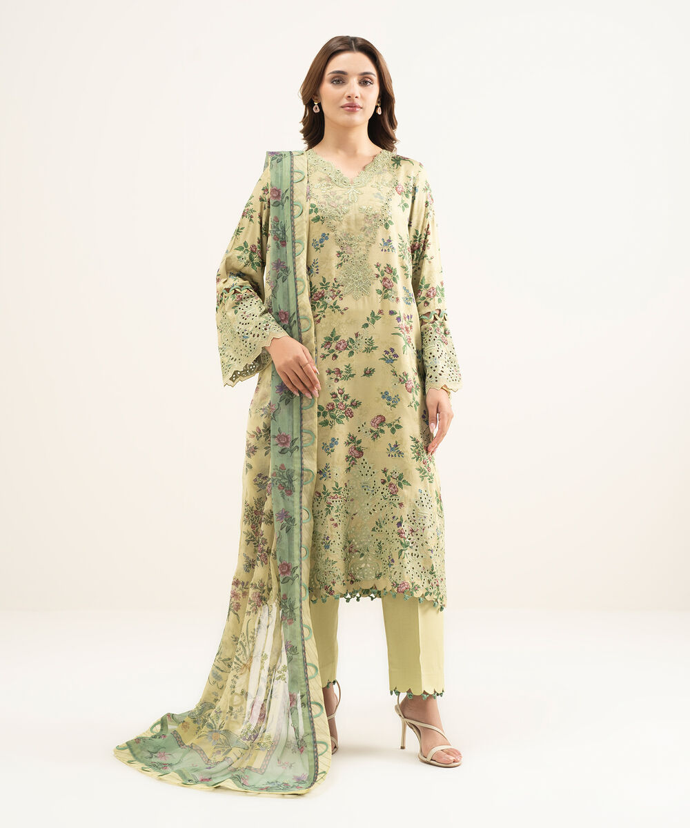 Women's Unstitched Viscose Satin Yellow Embroidered 3 Piece Suit