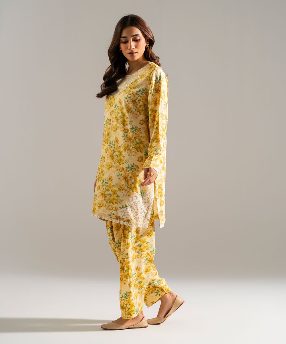 Women's RTW Arabic Lawn Embroidered Yellow 2 Piece Suit