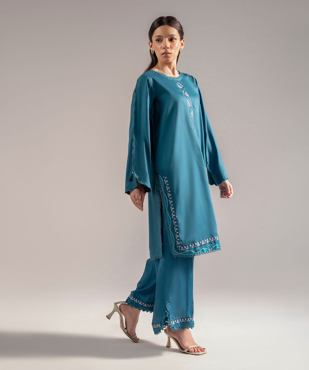 Women's RTW Cotton Satin Embroidered Teal 2 Piece Suit