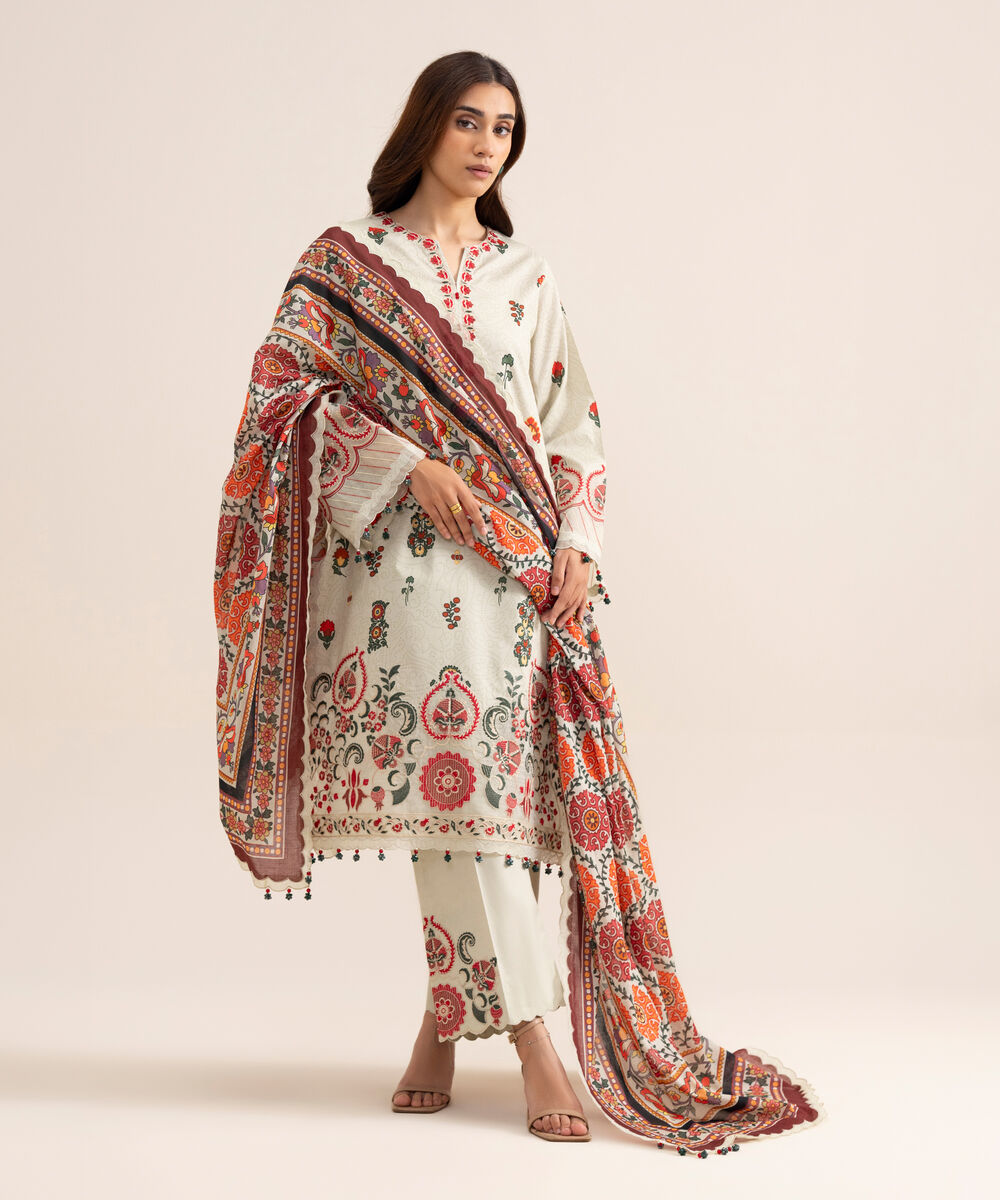 Women's Unstitched Lawn Embroidered Off White  3 Piece Suit